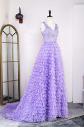 Lavender Plunging V Neck Appliques Layers Long Semi Formal Prom Dress with Slit